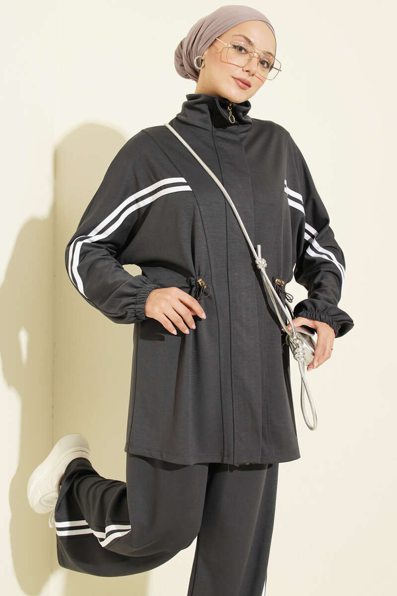Two-Piece Set with Stripe Trim and Elastic Waist - Smoke Grey