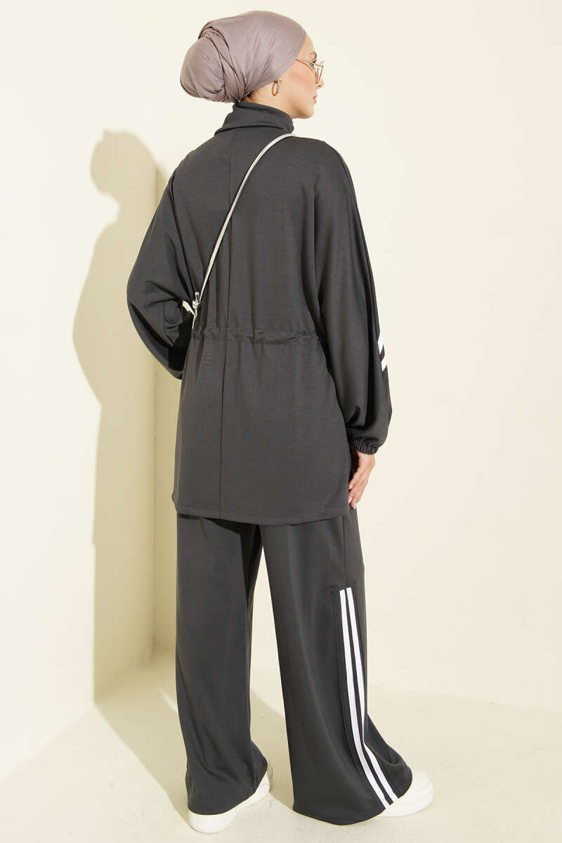Two-Piece Set with Stripe Trim and Elastic Waist - Smoke Grey