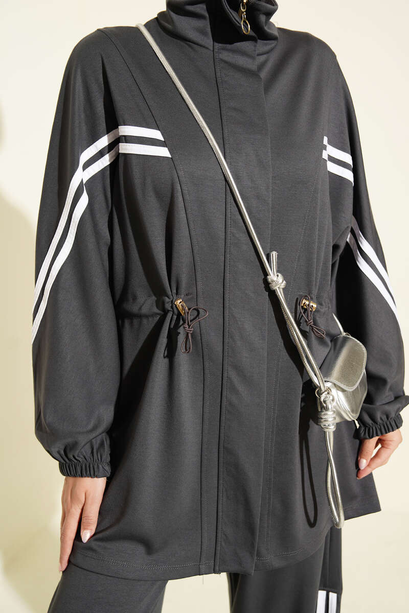 Two-Piece Set with Stripe Trim and Elastic Waist - Smoke Grey