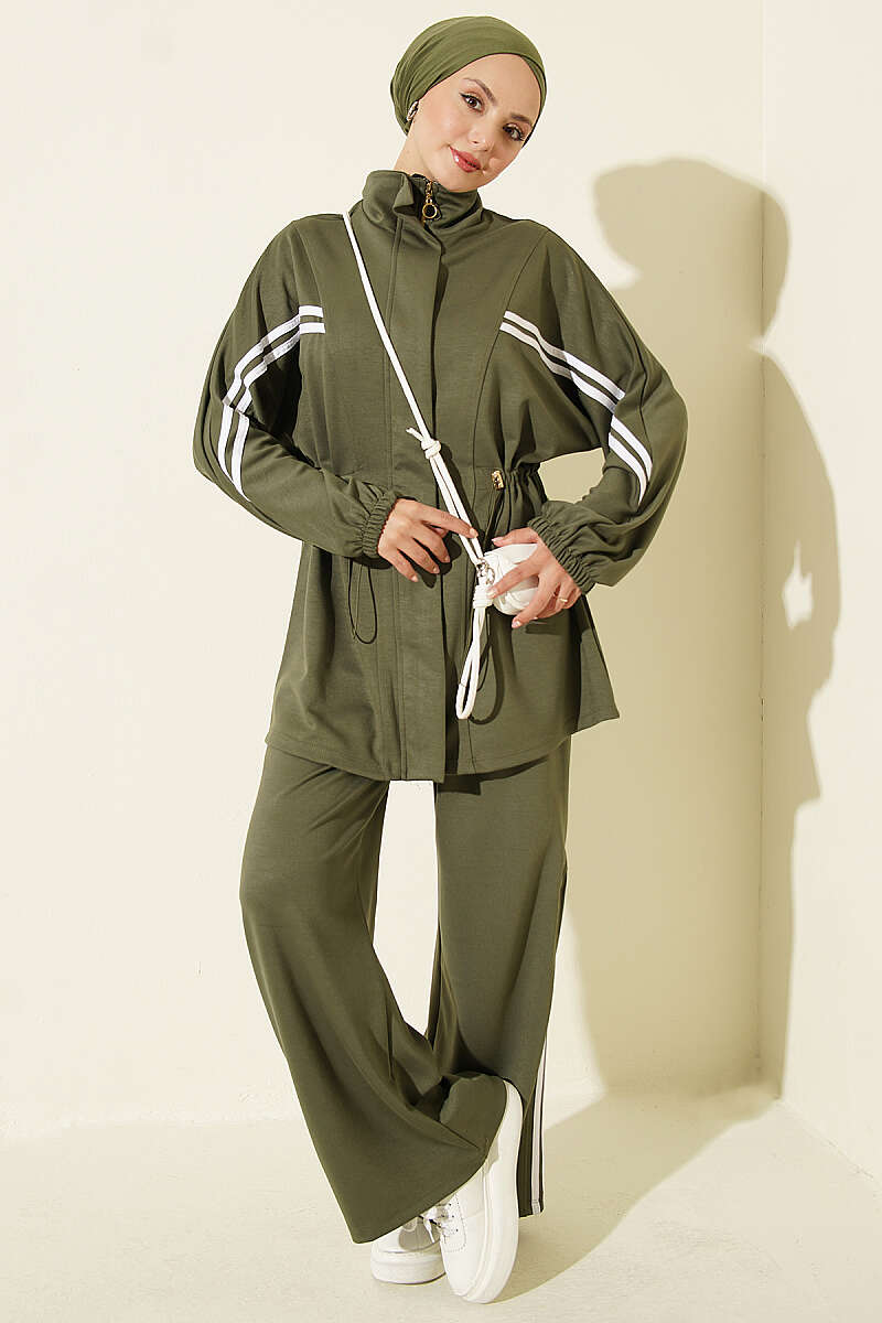 Two-Piece Set with Stripe Trim and Elastic Waist - Khaki