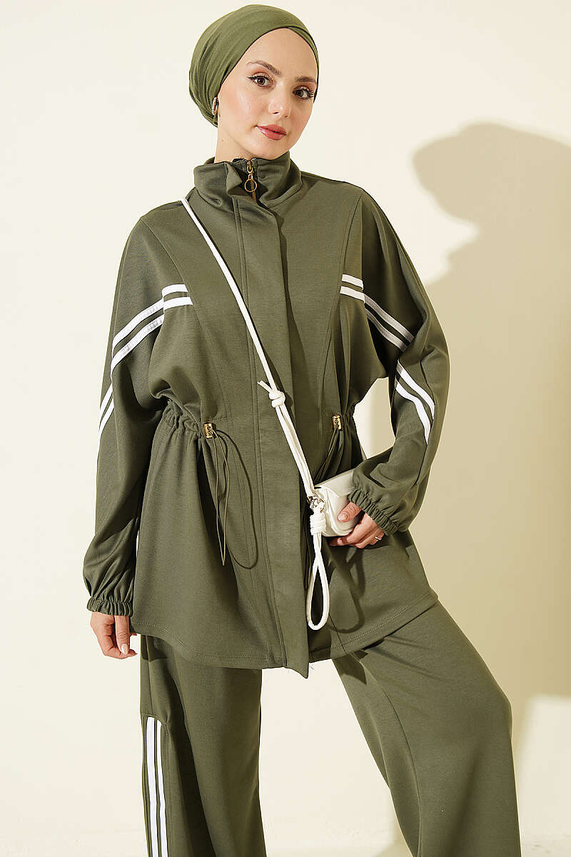Two-Piece Set with Stripe Trim and Elastic Waist - Khaki
