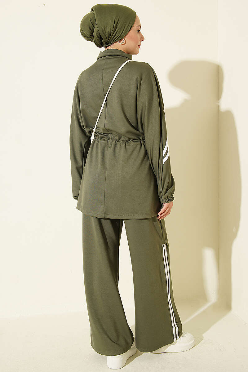 Two-Piece Set with Stripe Trim and Elastic Waist - Khaki