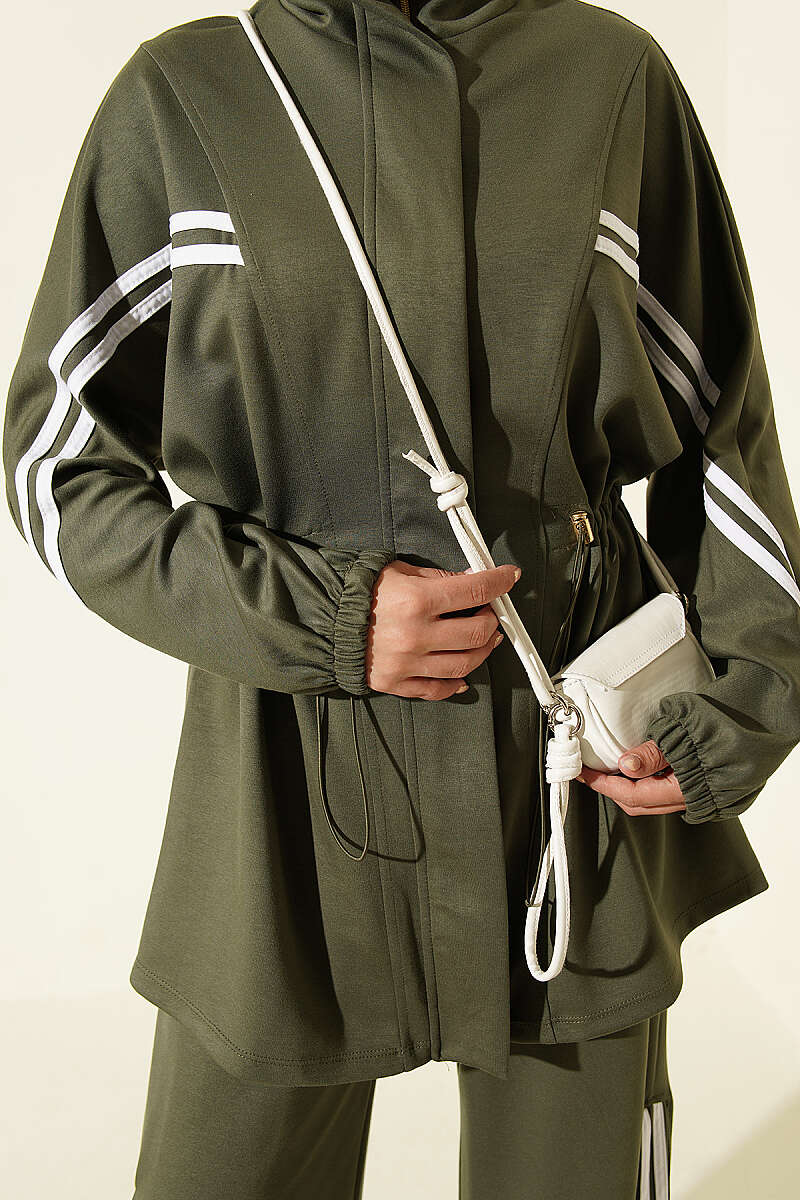 Two-Piece Set with Stripe Trim and Elastic Waist - Khaki