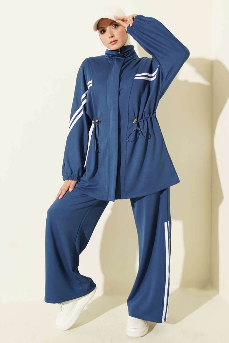 Two-Piece Set with Stripe Trim and Elastic Waist - Indigo