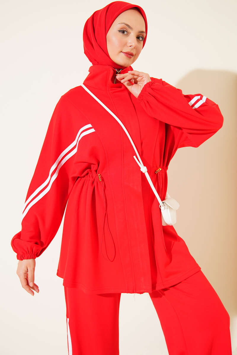 Two-Piece Set with Stripe Trim and Elastic Waist - Red