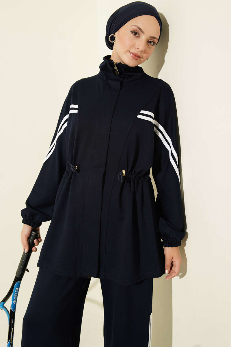Two-Piece Set with Stripe Trim and Elastic Waist - Navy