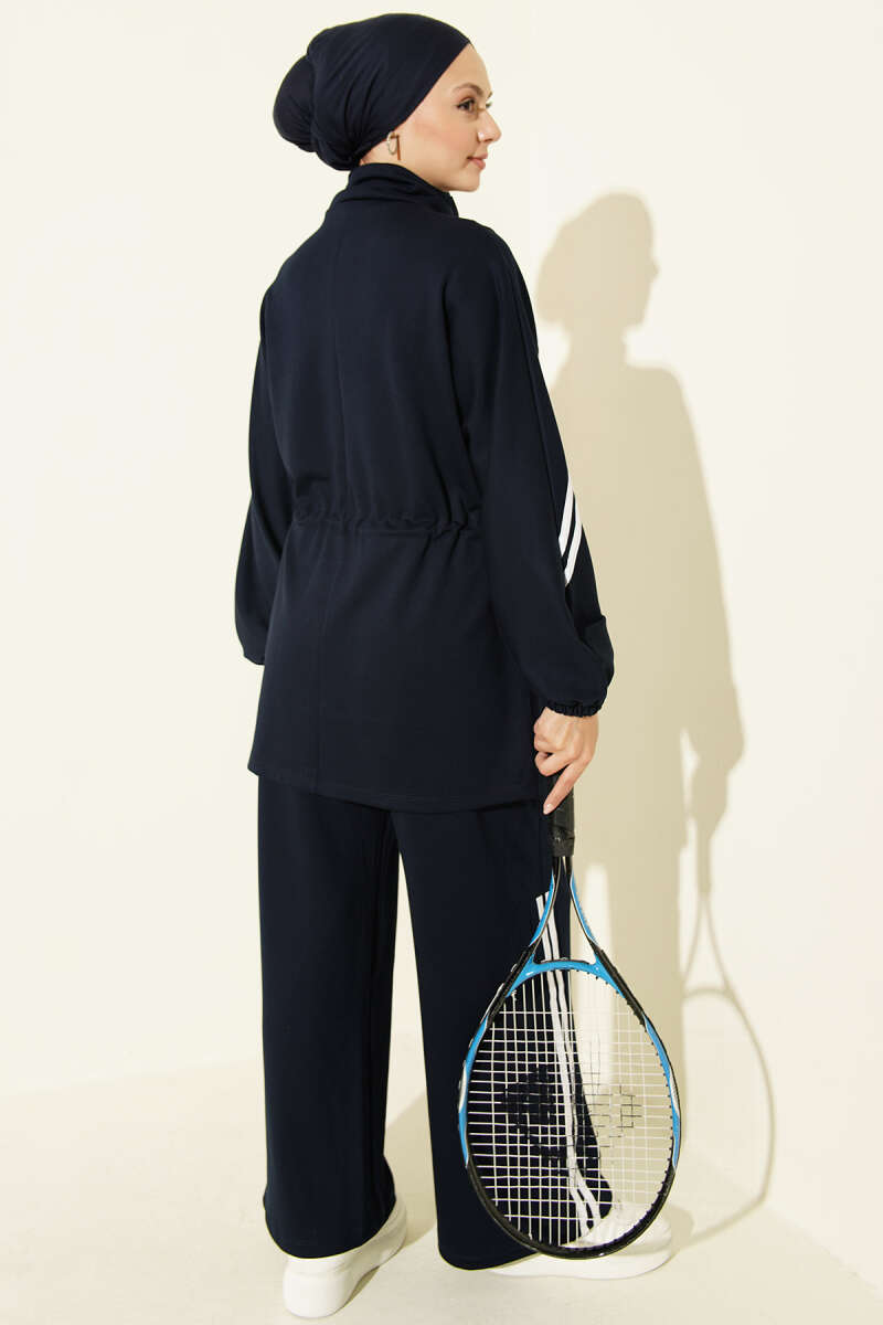 Two-Piece Set with Stripe Trim and Elastic Waist - Navy