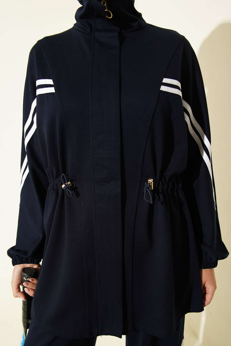 Two-Piece Set with Stripe Trim and Elastic Waist - Navy