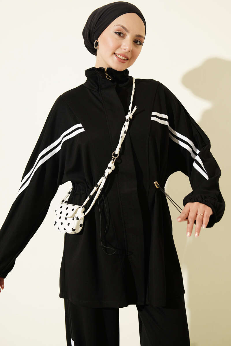 Two-Piece Set with Stripe Trim and Elastic Waist - Black