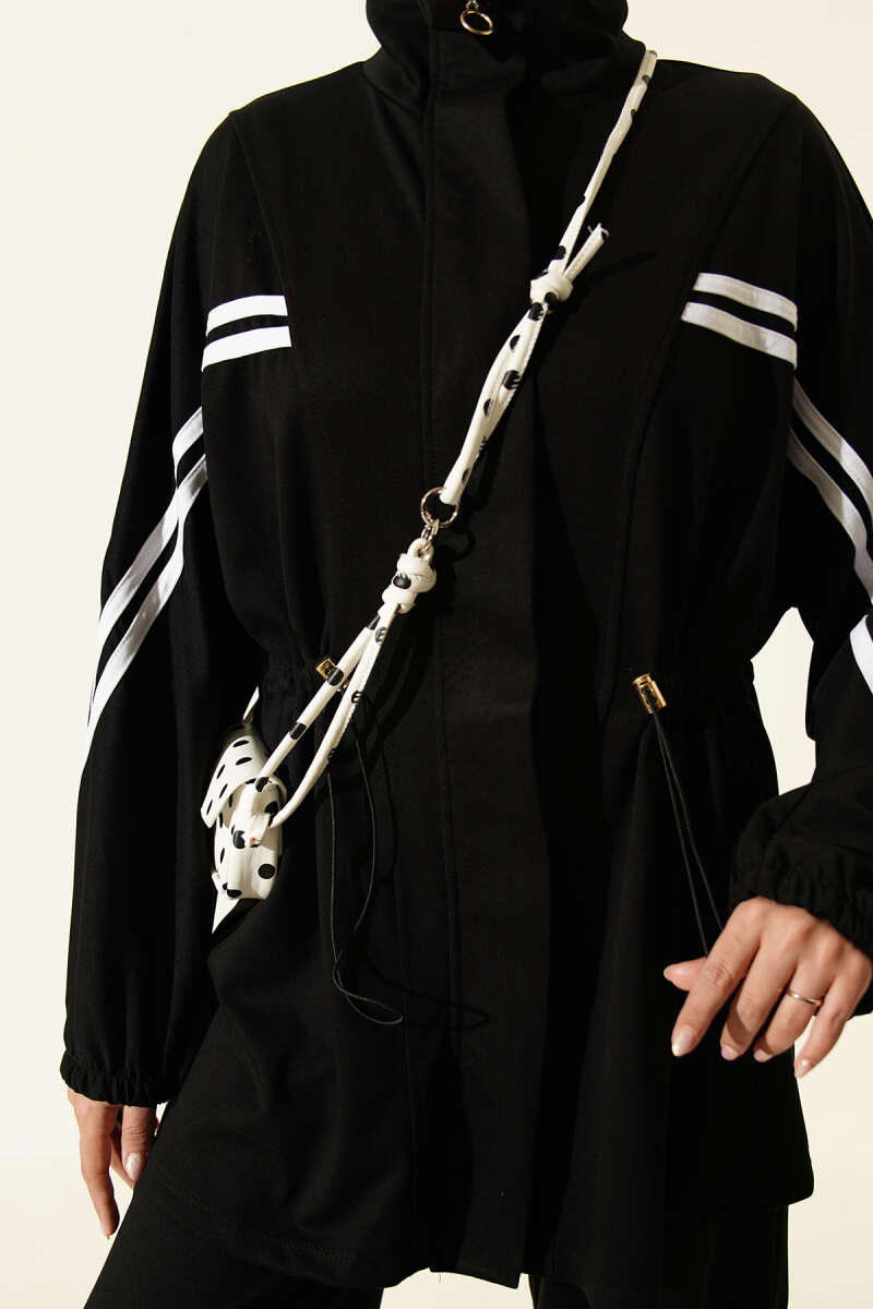 Two-Piece Set with Stripe Trim and Elastic Waist - Black