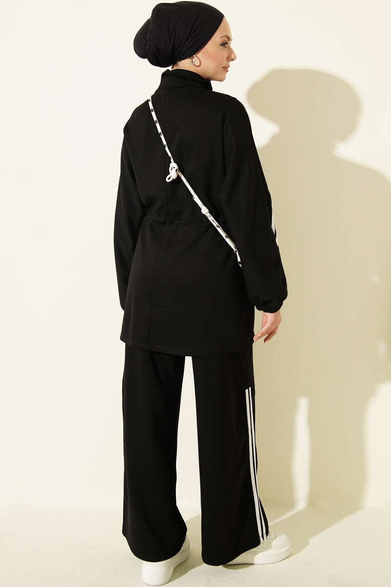 Two-Piece Set with Stripe Trim and Elastic Waist - Black