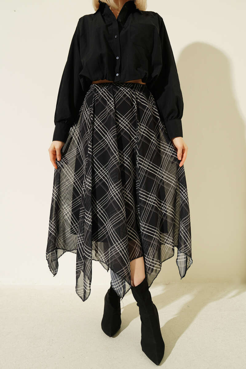 Chiffon Midi Skirt with Elastic Waist - Black