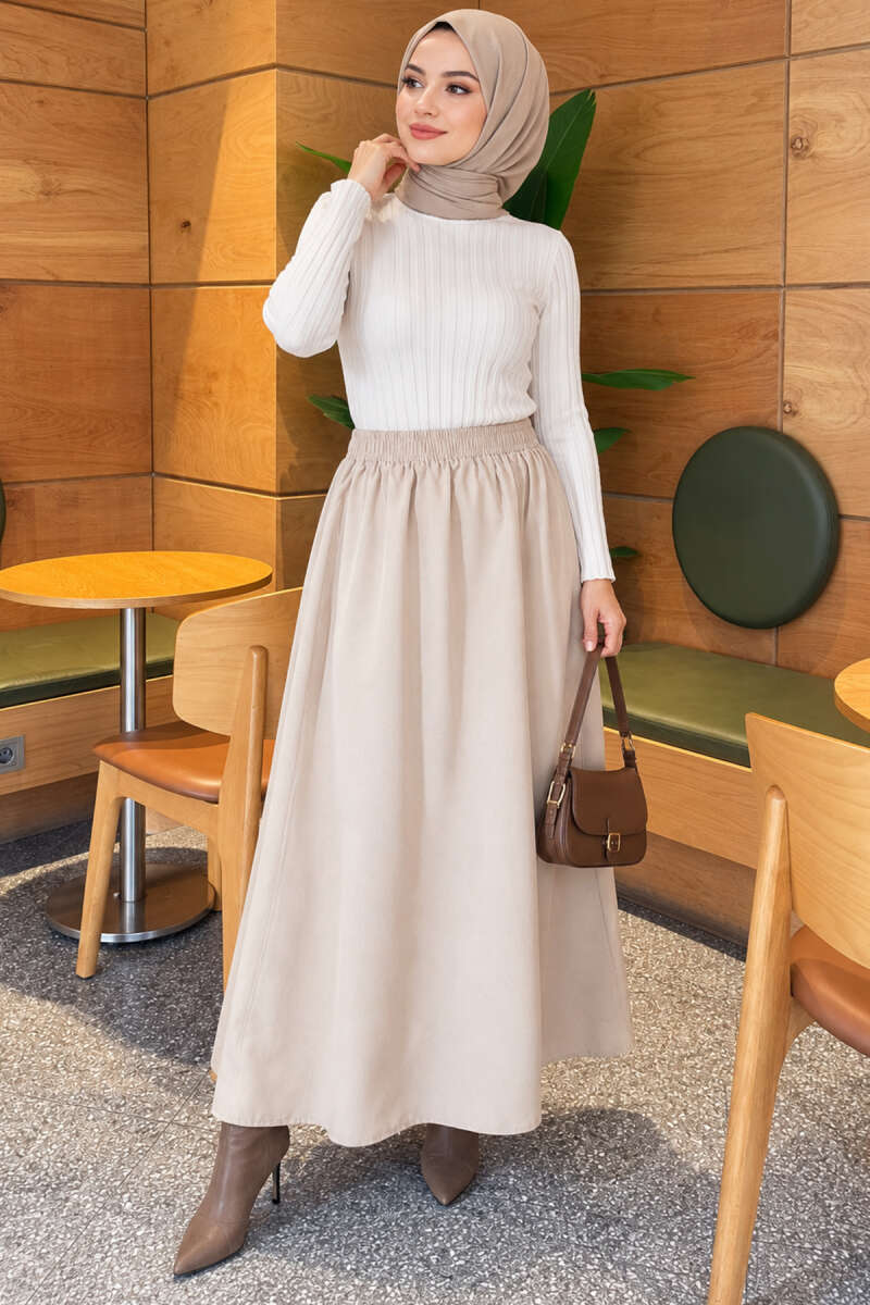 Polycotton Skirt with Elastic Waist - Beige