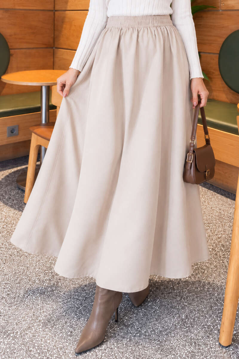 Polycotton Skirt with Elastic Waist - Beige