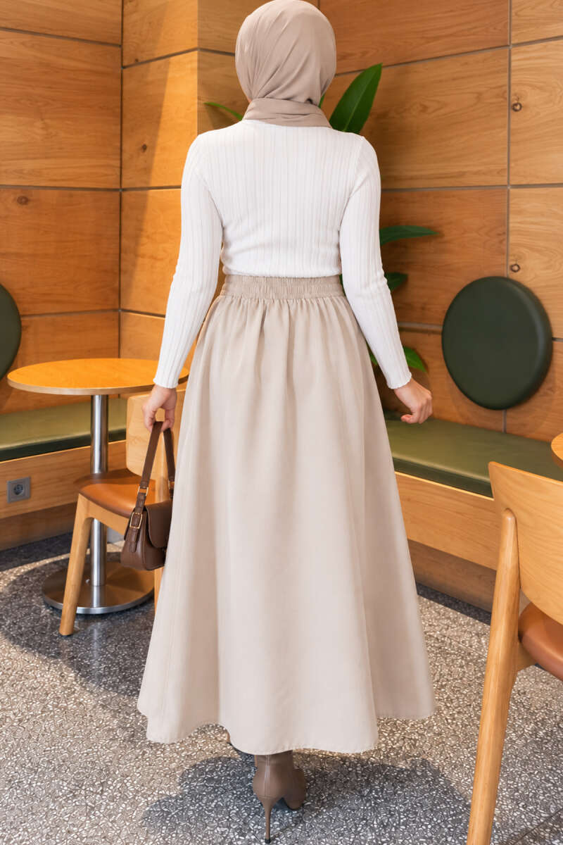Polycotton Skirt with Elastic Waist - Beige