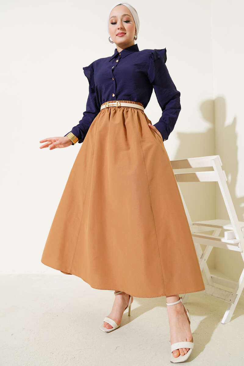 Polycotton Skirt with Elastic Waist - Camel