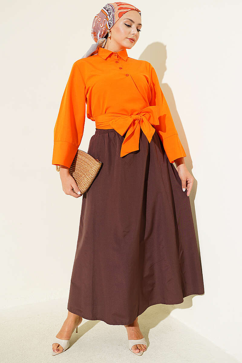 Polycotton Skirt with Elastic Waist - Chestnut