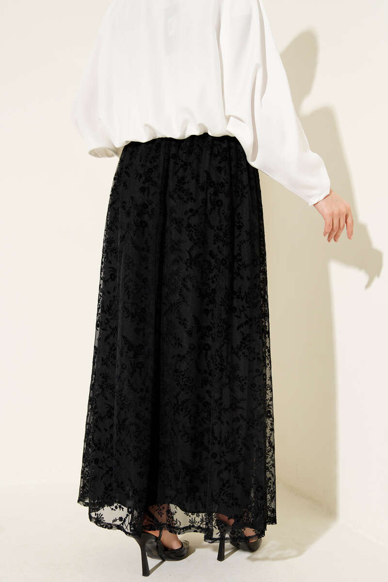 Tulle Flower Skirt with Elastic Waist - Black