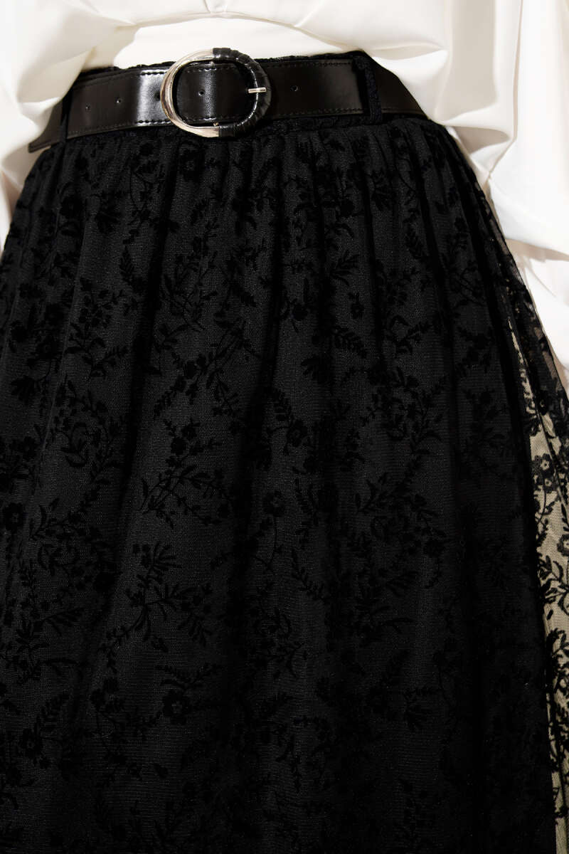 Tulle Flower Skirt with Elastic Waist - Black