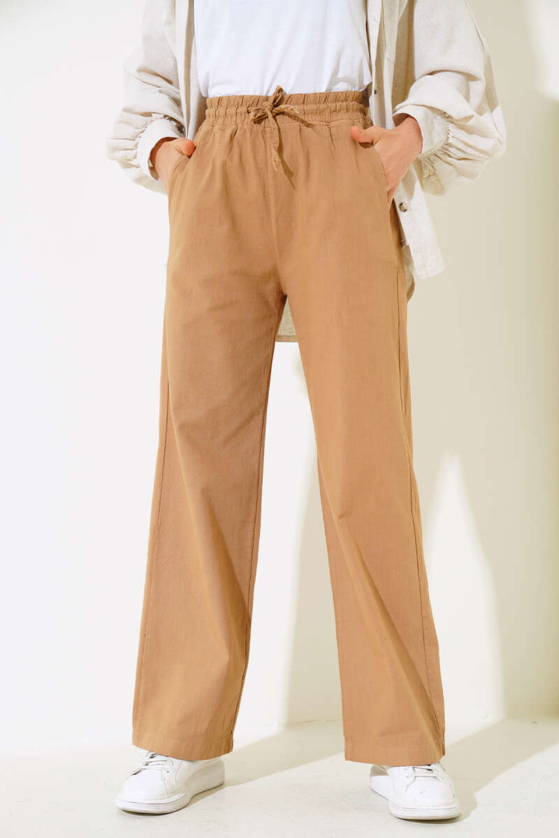 Long Linen Pants with Elastic Waist - Mustard
