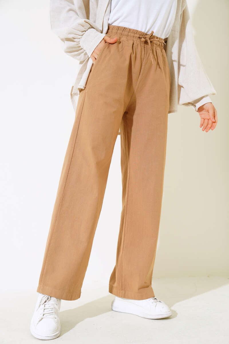 Long Linen Pants with Elastic Waist - Mustard