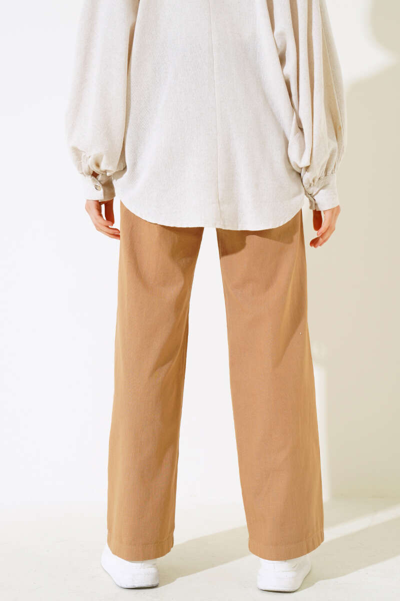 Long Linen Pants with Elastic Waist - Mustard