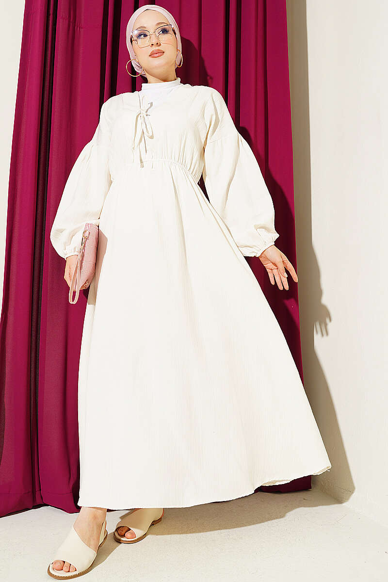 V-Neck Muslin Dress with Elastic Waist - Ecru
