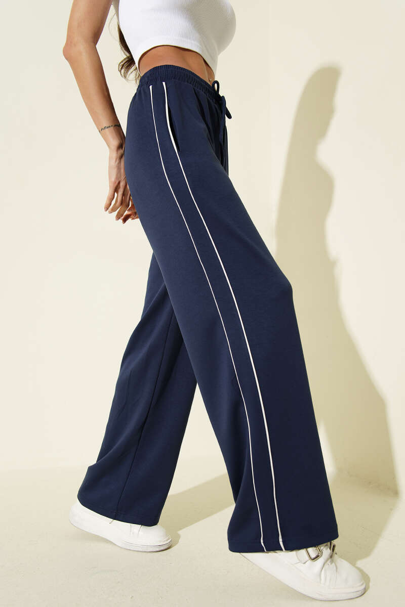 Elastic-Waist Loycha Pants with Side Piping - Navy