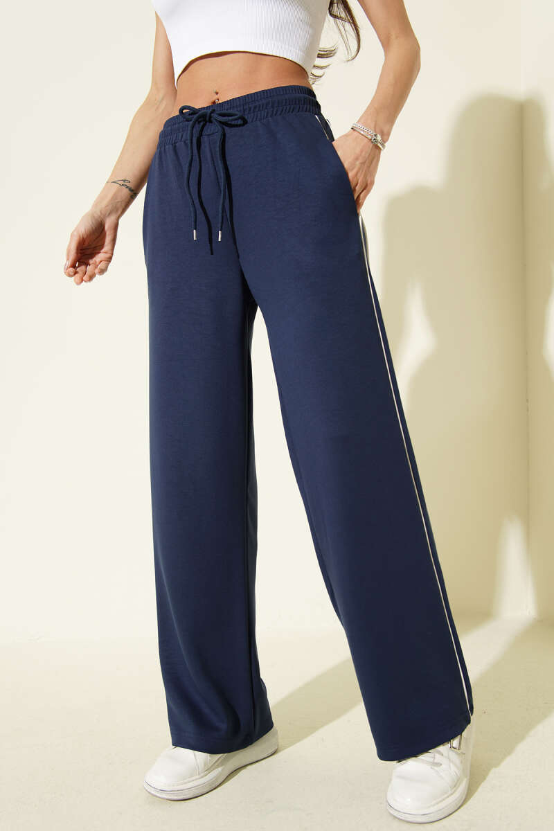 Elastic-Waist Loycha Pants with Side Piping - Navy