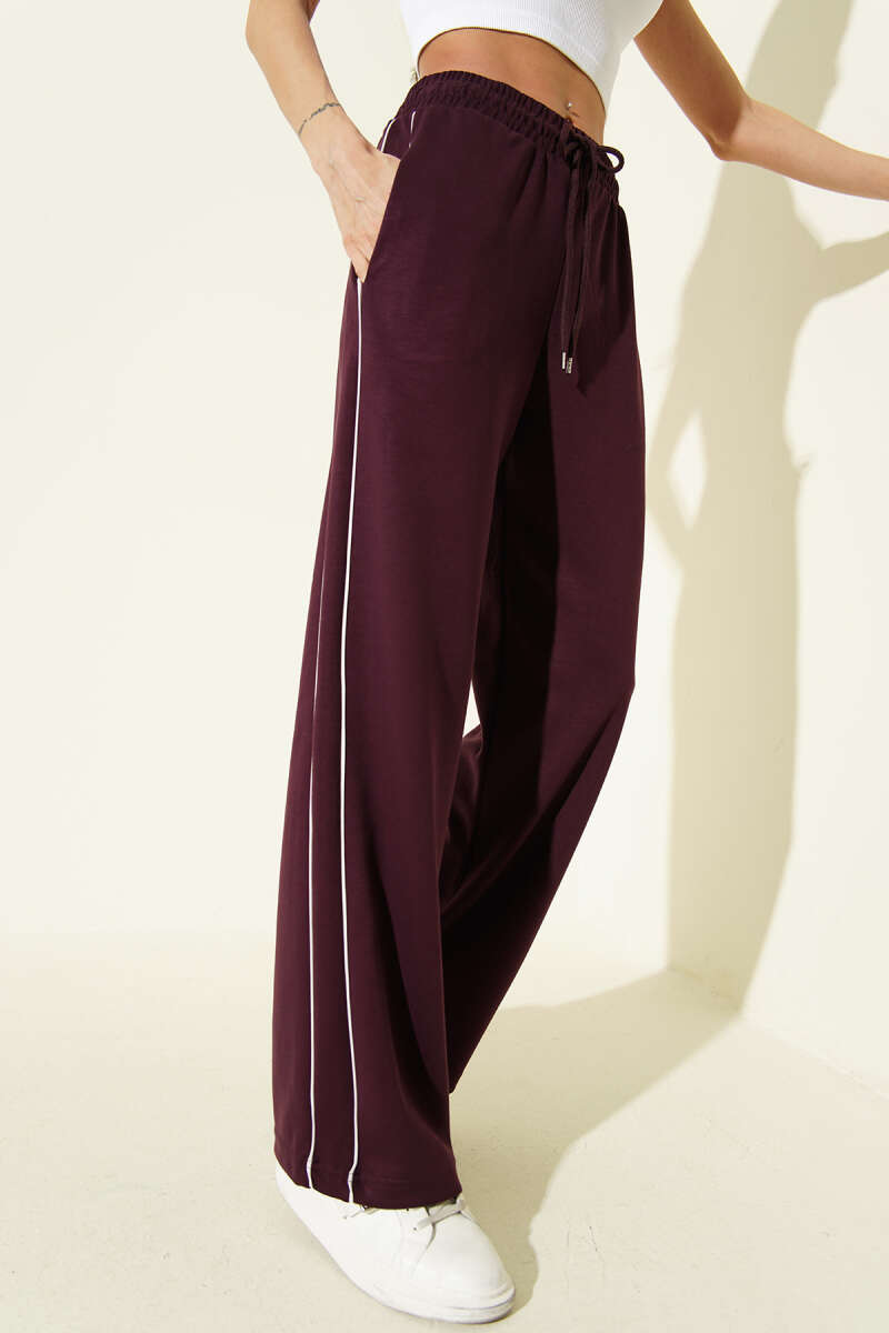 Elastic-Waist Loycha Pants with Side Piping - Plum