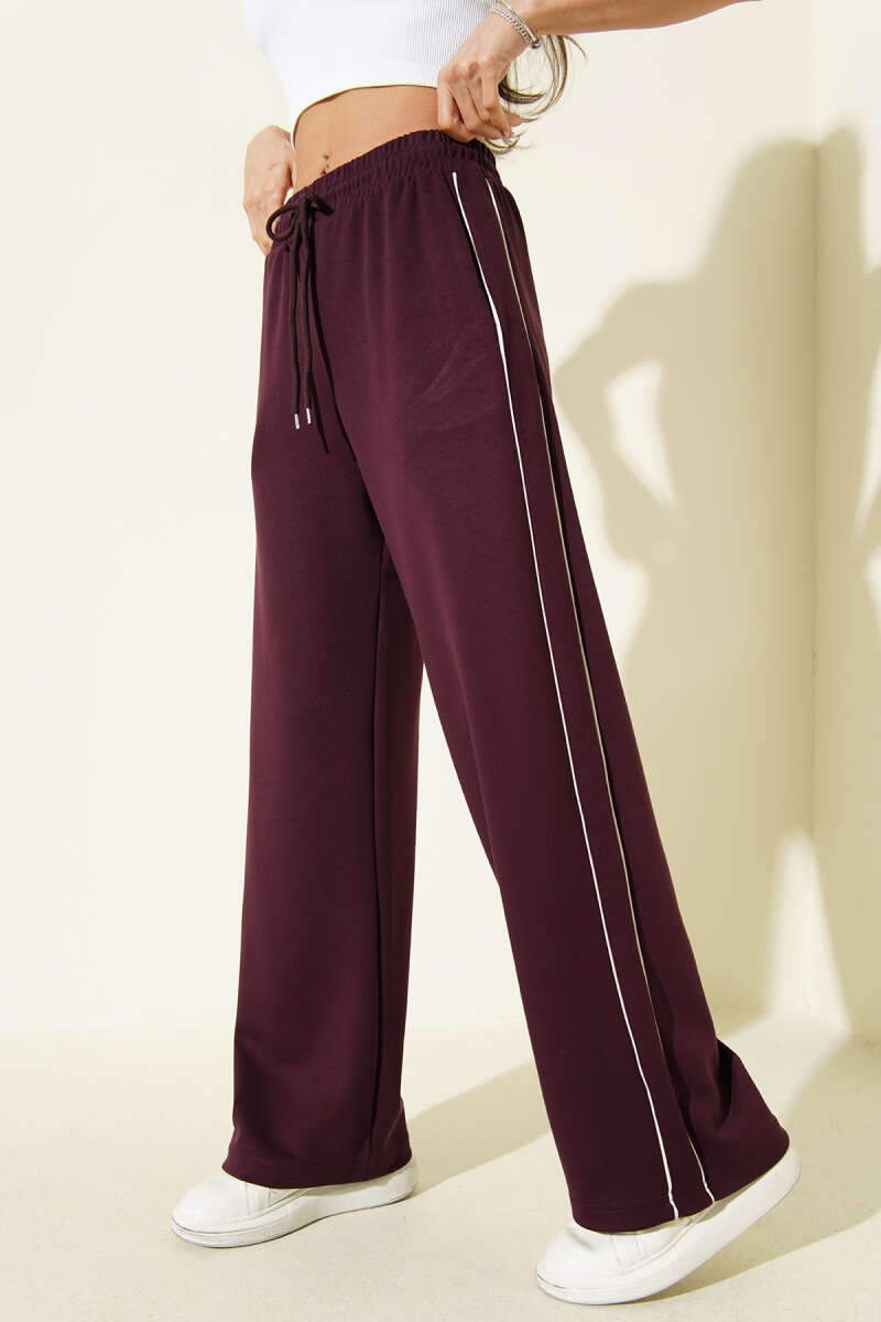 Elastic-Waist Loycha Pants with Side Piping - Plum