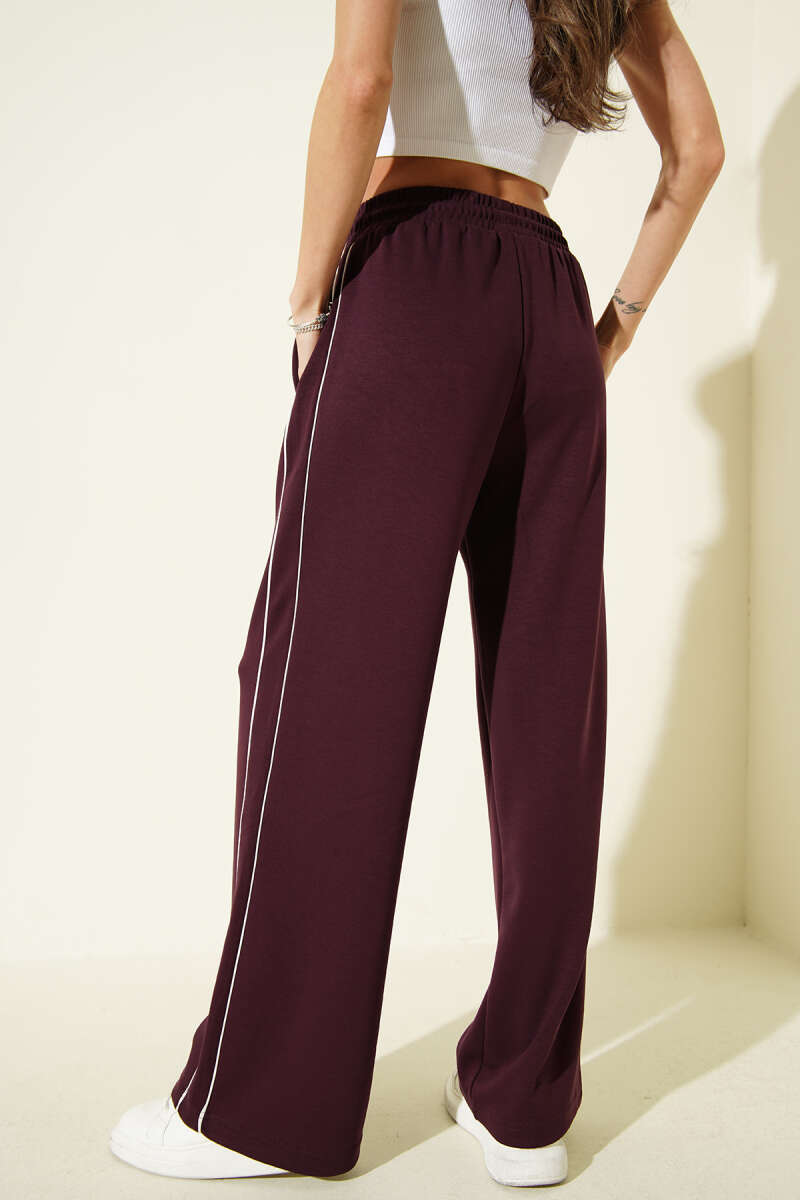 Elastic-Waist Loycha Pants with Side Piping - Plum