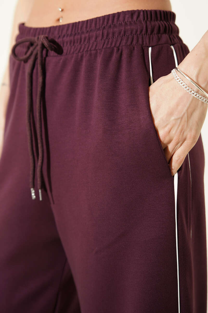 Elastic-Waist Loycha Pants with Side Piping - Plum