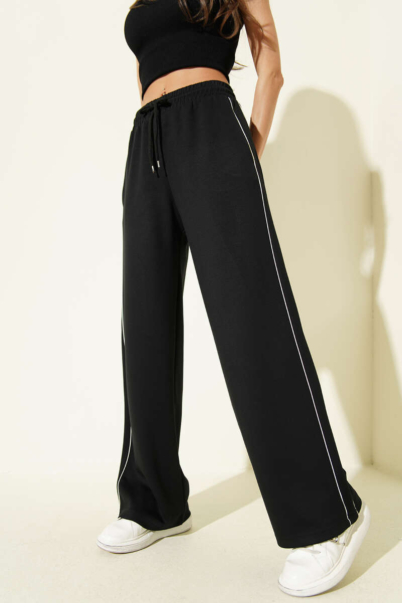 Elastic-Waist Loycha Pants with Side Piping - Black