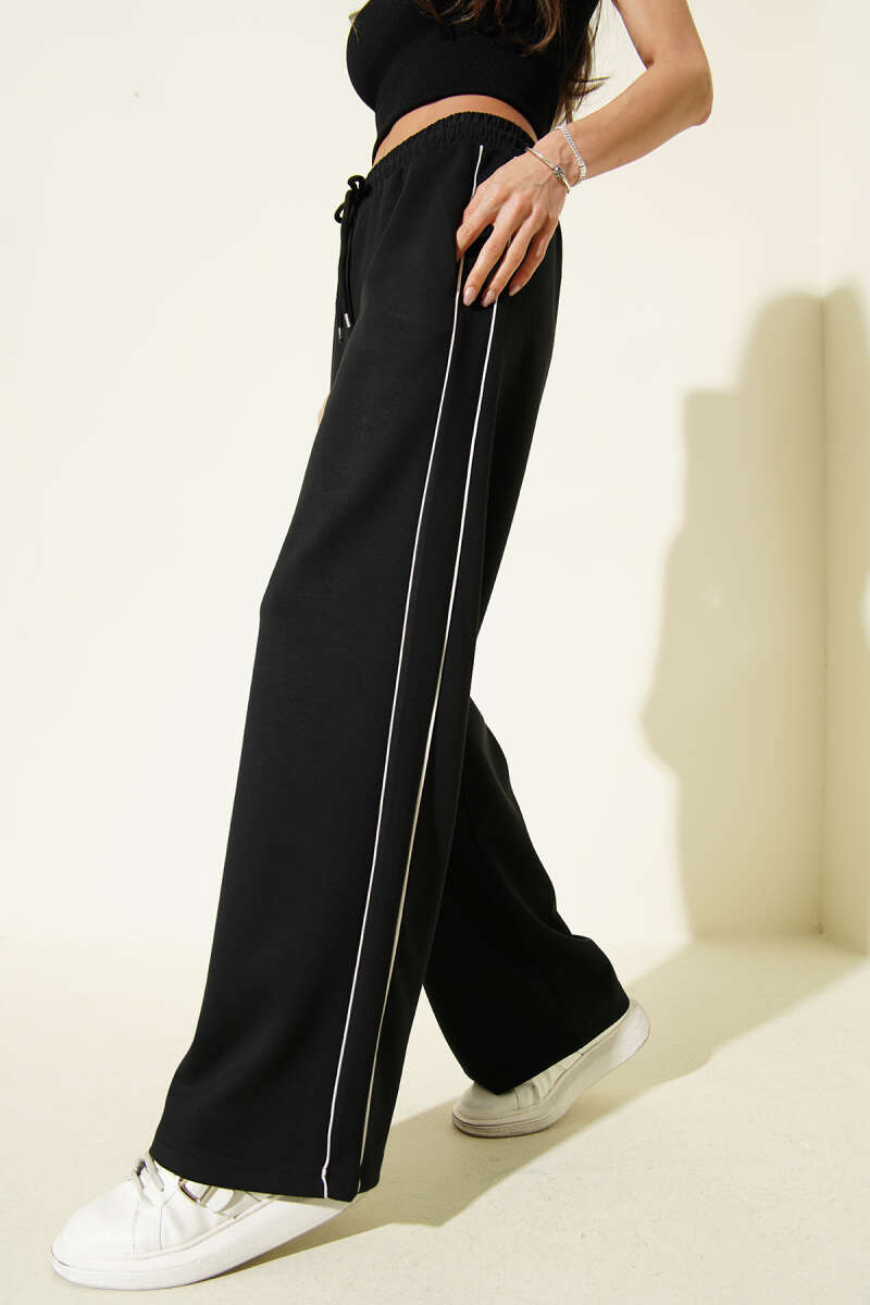 Elastic-Waist Loycha Pants with Side Piping - Black