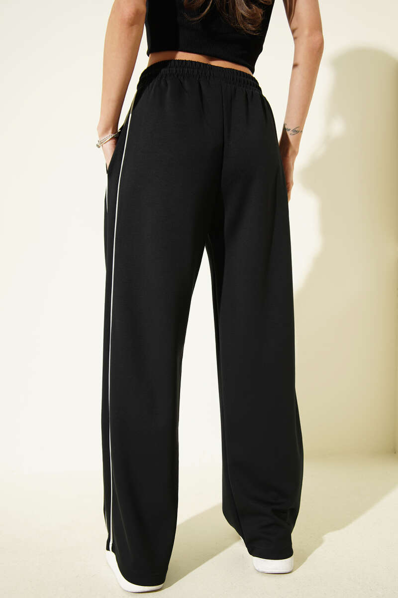 Elastic-Waist Loycha Pants with Side Piping - Black