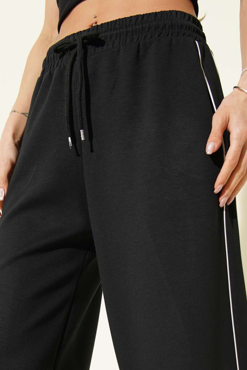 Elastic-Waist Loycha Pants with Side Piping - Black