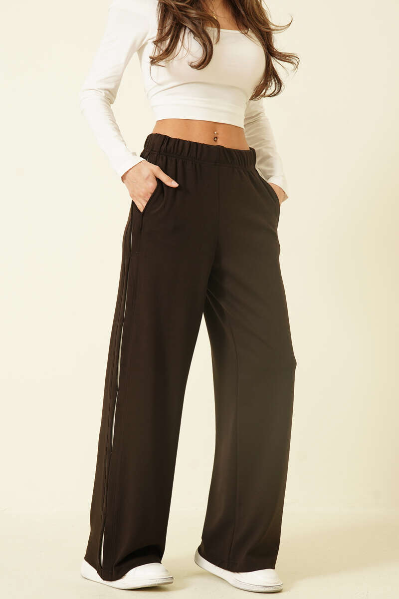 Loycha Pants with Side Detail and Elastic Waist - Dark Brown