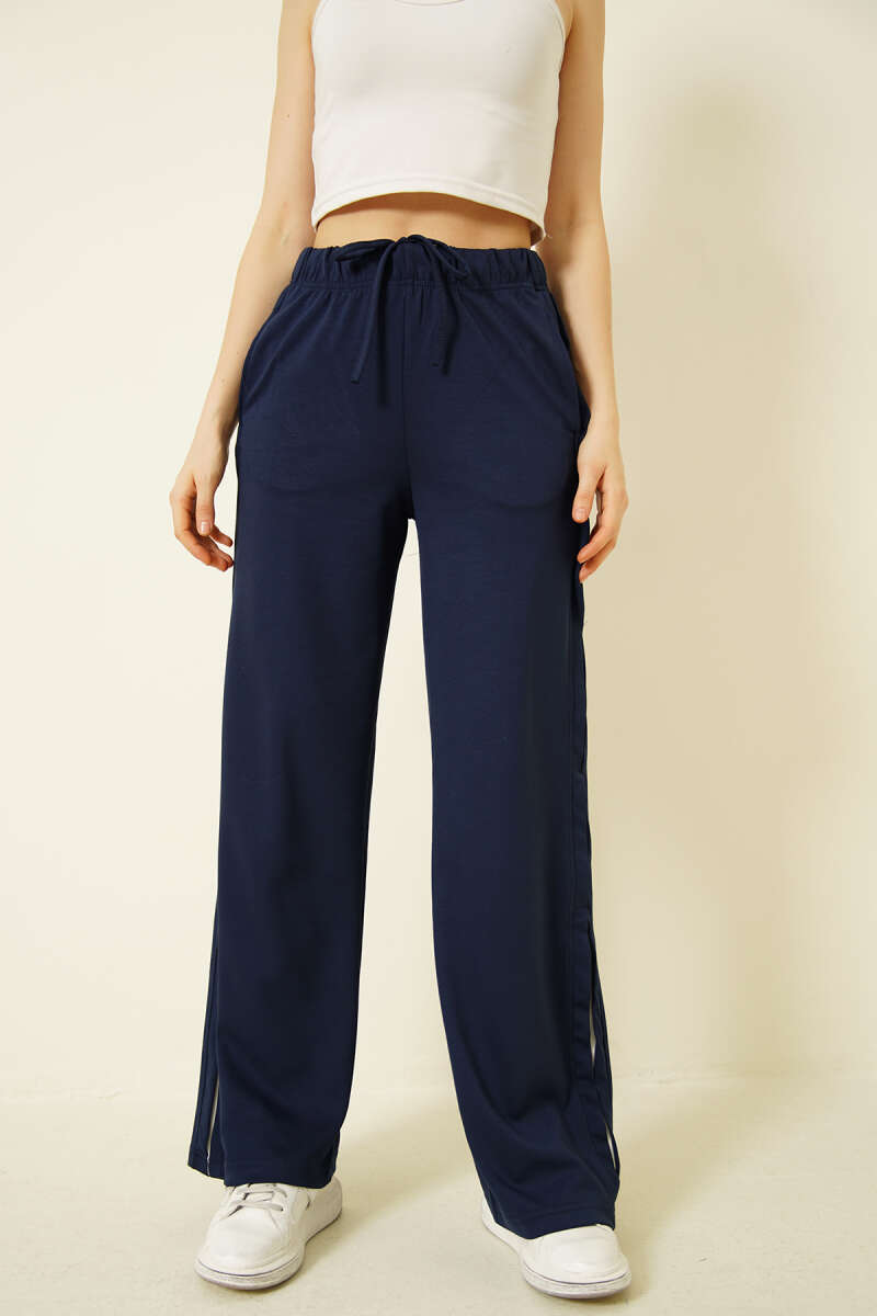 Loycha Pants with Side Detail and Elastic Waist - Navy