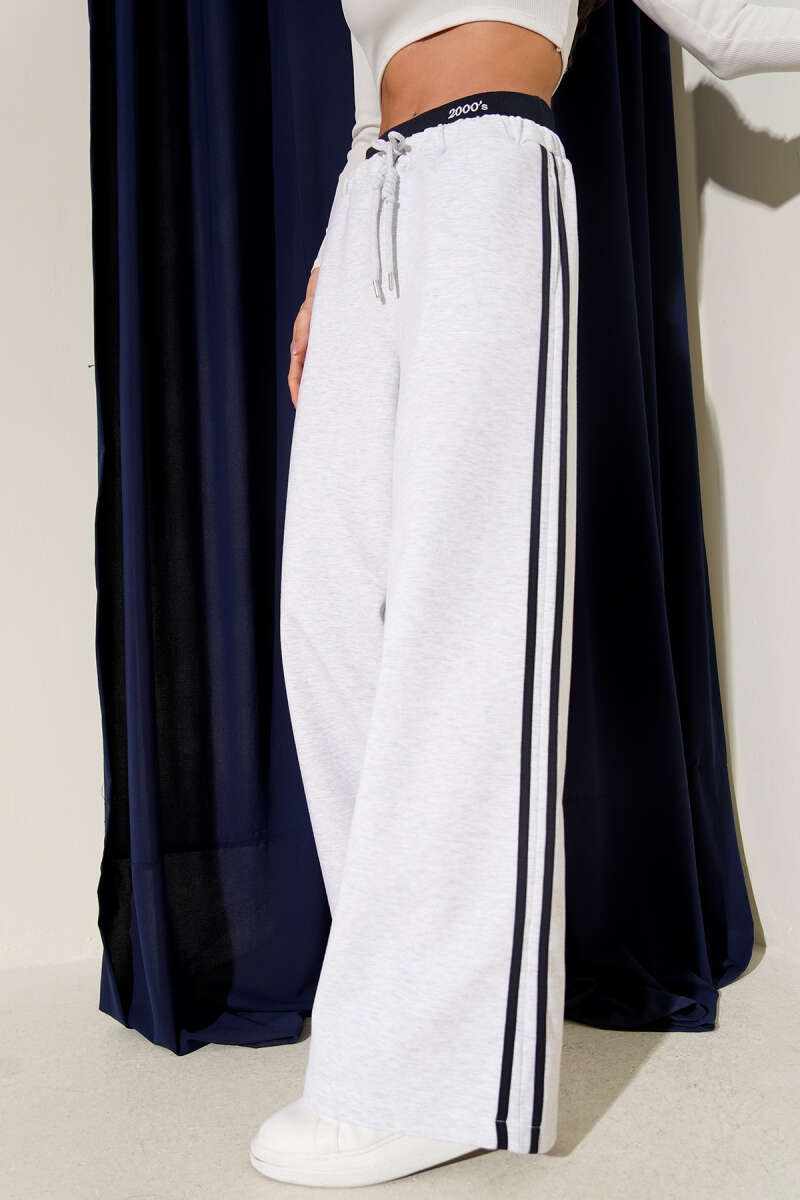 Wide-Leg Pants with Side Stripe and Elastic Waist - Grey