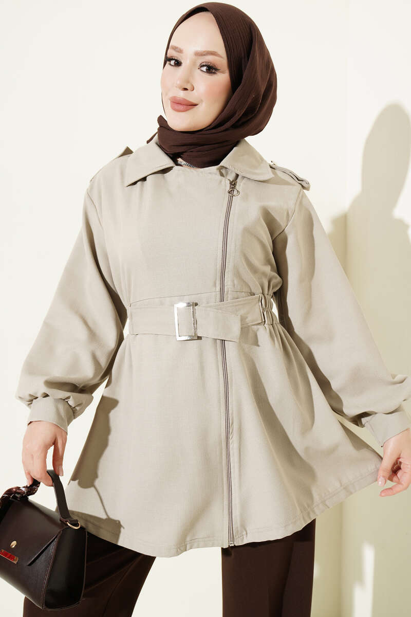 Side-Zip Jacket with Elastic Waist - Beige