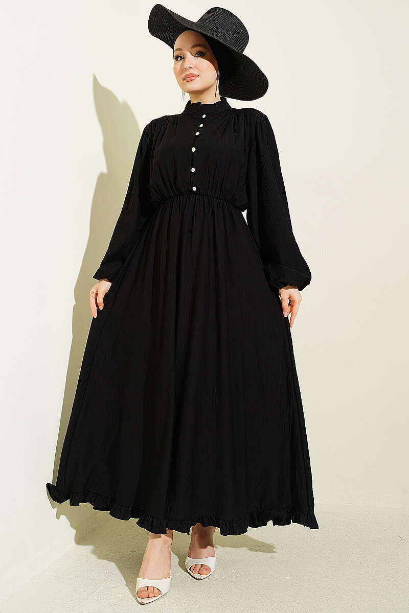 Half Rivet-Button Dress with Elastic Waist - Black