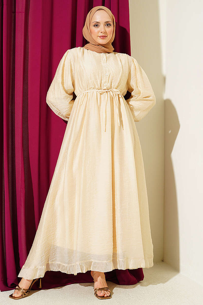 Half-Button Dress with Elastic Waist - Beige