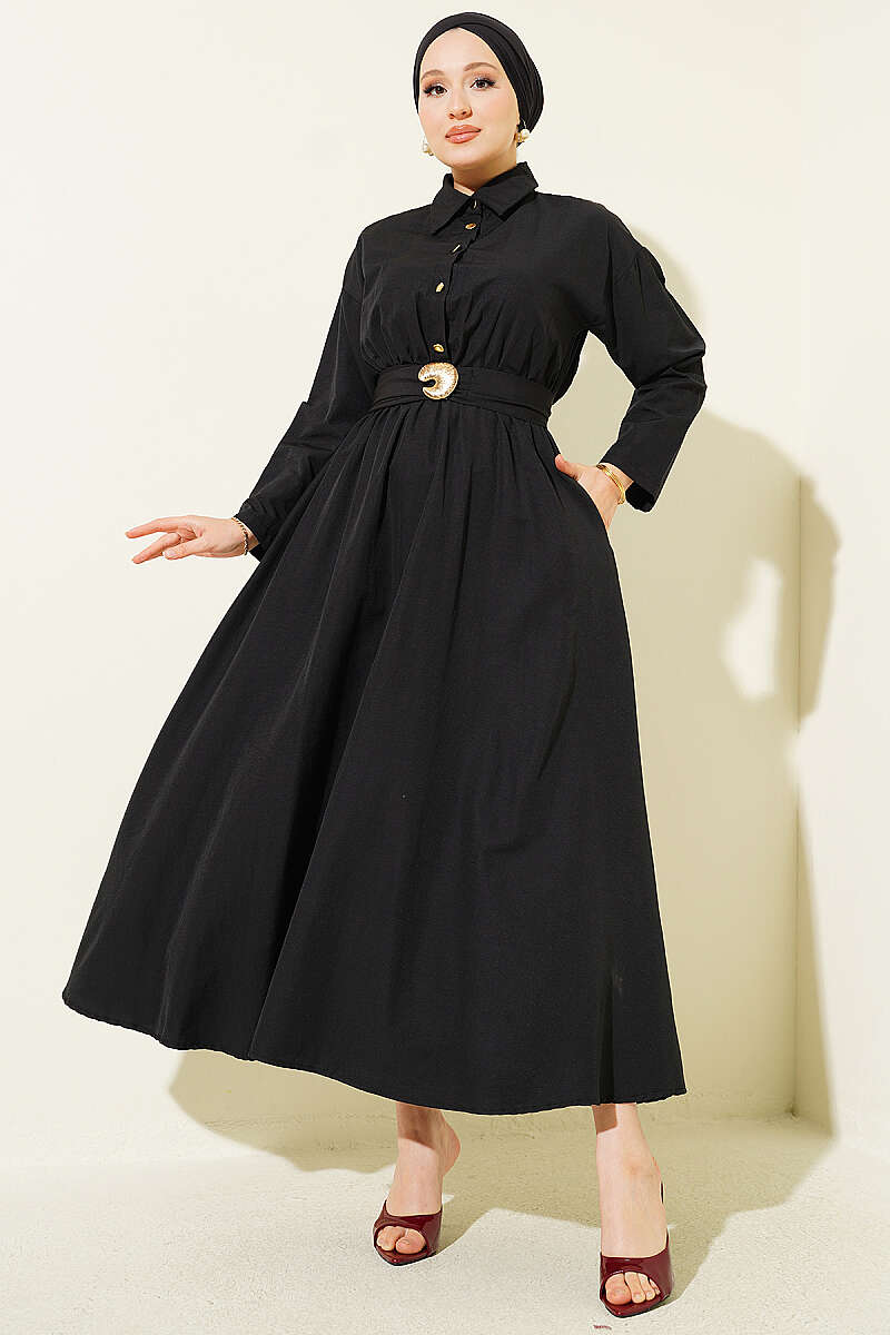 Half Gold-Button Dress with Elastic Waist - Black