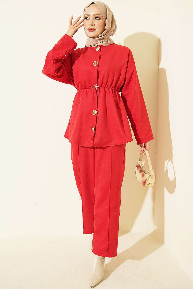 Two-Piece Set with Gold Star Buttons and Elastic Waist - Red