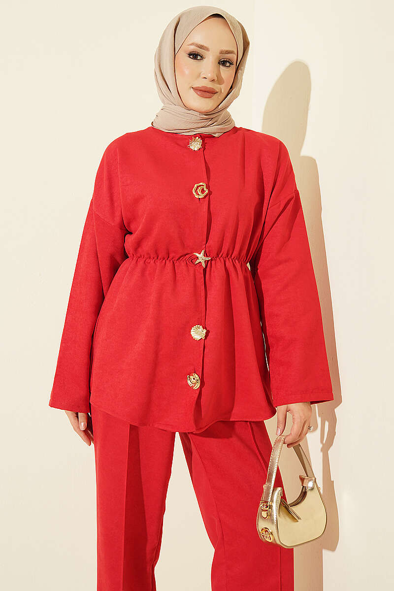 Two-Piece Set with Gold Star Buttons and Elastic Waist - Red