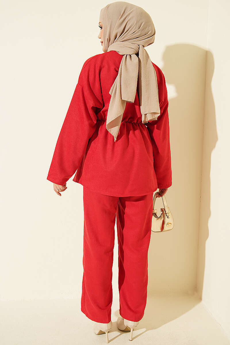 Two-Piece Set with Gold Star Buttons and Elastic Waist - Red