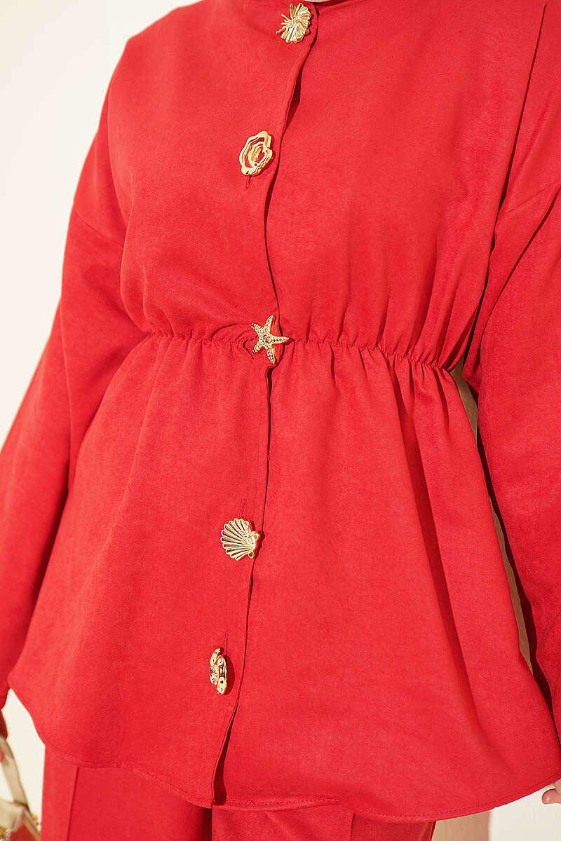 Two-Piece Set with Gold Star Buttons and Elastic Waist - Red