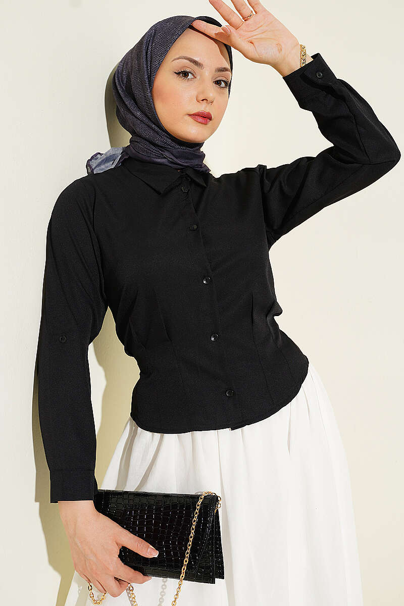 Short Fitted-Waist Shirt - Black