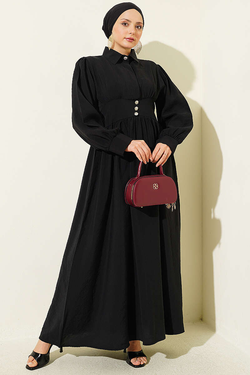 Fitted-Waist Dress with Half Concealed Buttons - Black